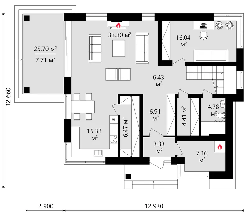 Main Floor 12 – 2-Story House Plan 2218 ft², 3 Beds — 93623C